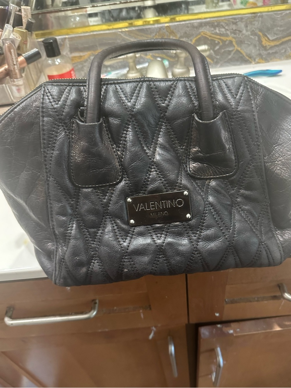Valentino Black Quilted Leather Satchel with Logo Plate